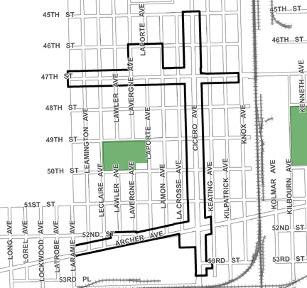 Cicero/Archer TIF district, roughly bounded on the north by 45th Street, 53rd Street on the south, Keating Avenue on the east, and Laramie Avenue on the west.